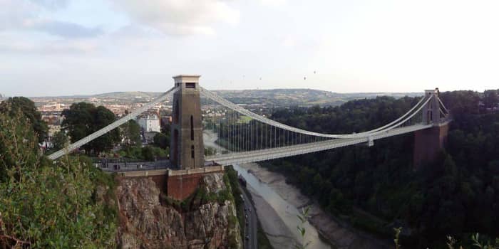 A view of Bristol City from Clifton Suspension Bridge which spans the River Avon; the bridge being designed by Isambard Kingdom Brunel and opening in 1864.