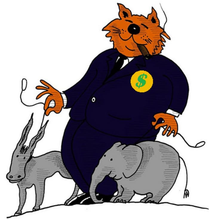 A Crony Corporatist Fat Cat (NOT a free market capitalist) takes his domesticated pets for a walk down Crony Street.