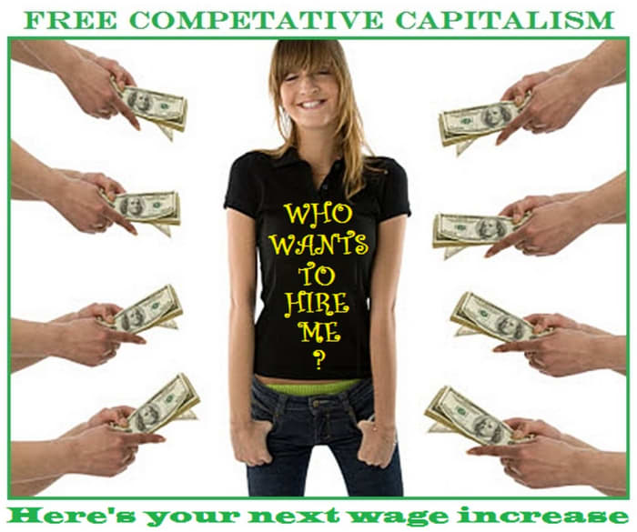 A free and open competitive market is a worker's market. Employers must bid with each other for employees, driving their wages up.