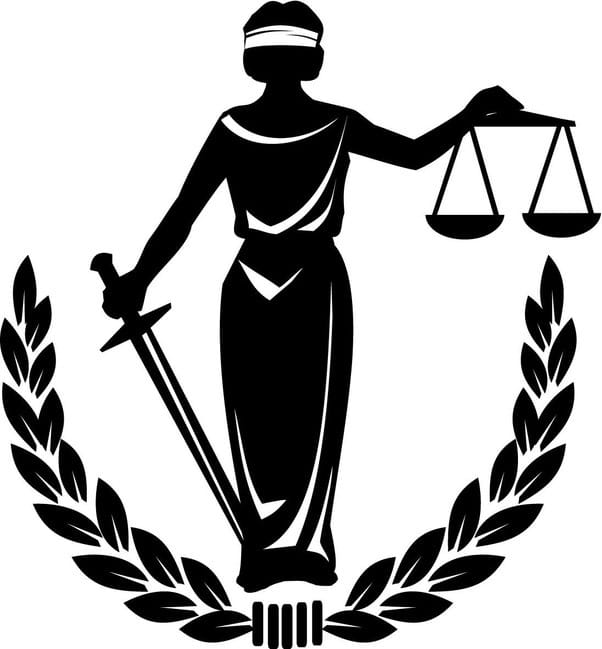 The symbol of justice: a blind person holding the scales of balance and the sword to provide equal justice.