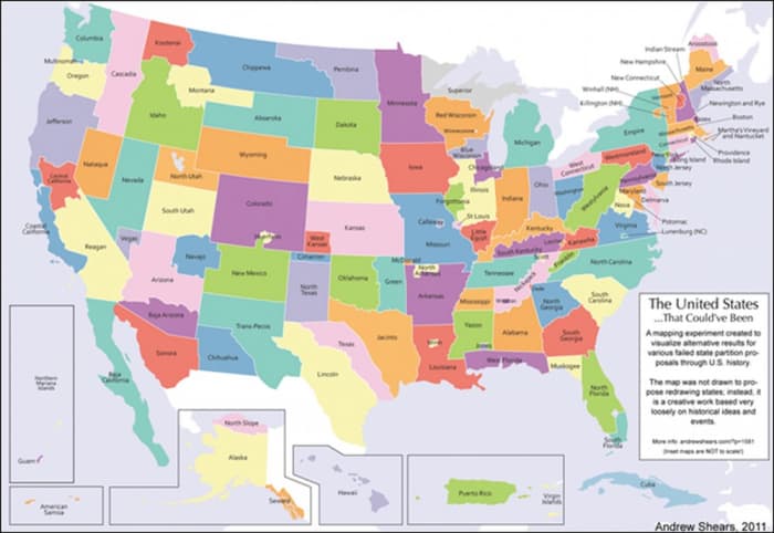 Mansfield University geography professor Andrew Shears created this "alternative history" map in 2011 showing how the USA would look if all of history's proposed states had been accepted.