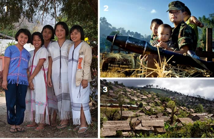 Karen People Today: 1. Non-state Karen schoolgirls; 2. Karen State defender; 3. Thai refugee camp for 150,000 displaced Burmese Karen people.