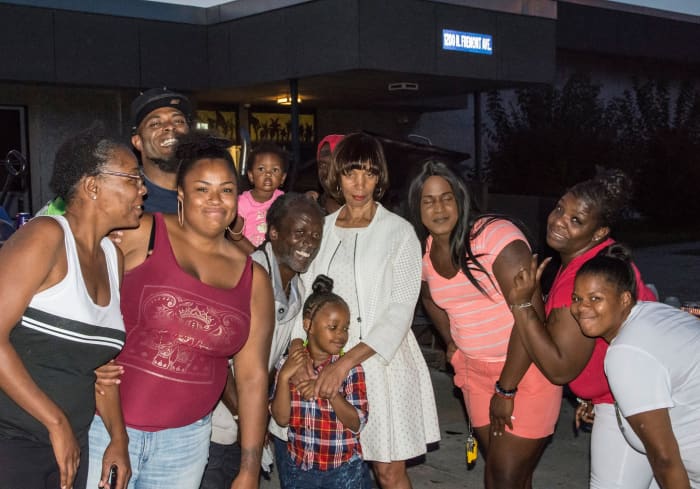 The mayor of Baltimore, Catherine Pugh, visits Tent City West during a BBQ on Labor Day 2017.