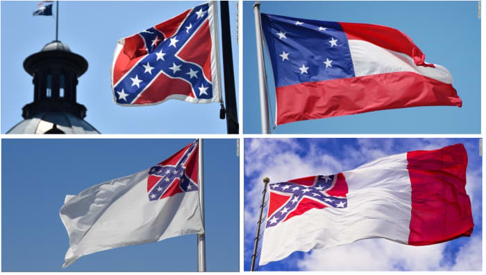 Clockwise from upper left; Battle flag of northern Virginia used by Gen. Rogert E. Lee, Original national flag of the Confederacy (1861-1863), second national flag of the Confederacy (1863-1865), and the third national flag of the Confederacy (1865)