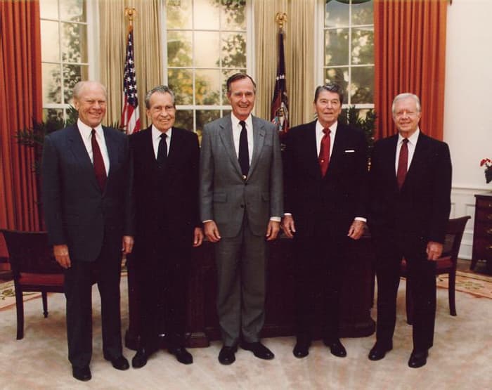 Presidents Gerald Ford, Richard Nixon, George Herbert Walker Bush, Ronald Reagan and Jimmy Carter at the dedication of the Reagan Presidential Library (Left to right).