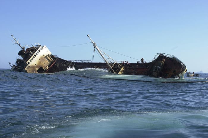 A tanker aground in Galapagos. Maritime oil transportation is a major source of pollution.