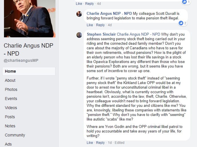 Screenshot of Canadian MP Charlie Angus seemingly libeling corporations.