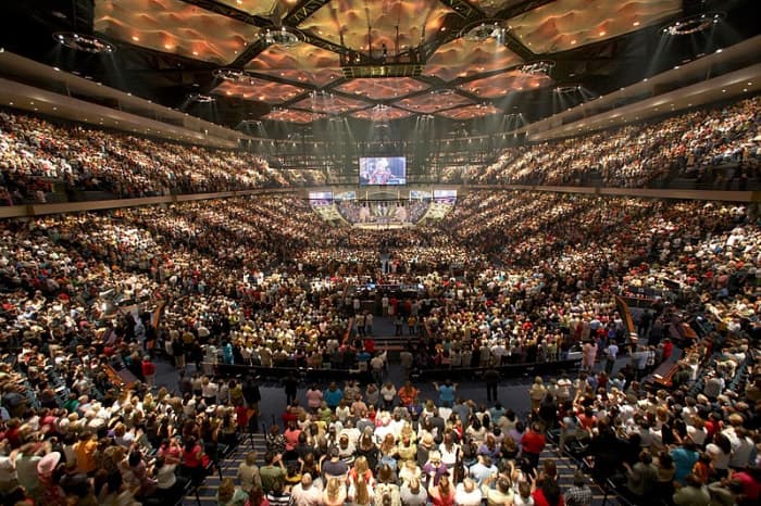 Lakewood Church in Houston is where Pastor Joel Osteen preaches the prosperity gospel to congregations of 52,000.