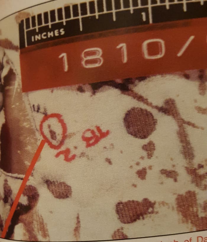 This tiny stain from the back of the shirt is a mixture of both Darlie's and Damon's blood.