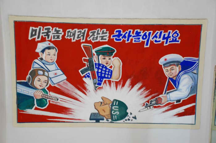 Propaganda is prevalent throughout North Korea. At a young age, children are taught that Americans are evil, and eat North Korean children.