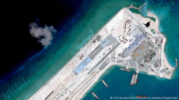 China's expanding the construction of its facilities on Fiery Cross Reef, provided by the Asia Maritime Transparency Initiative (AMTI).