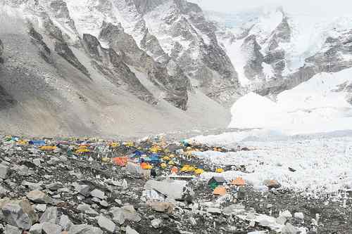Base camp where climbers acclimatize to the altitude before pushing to the summit.