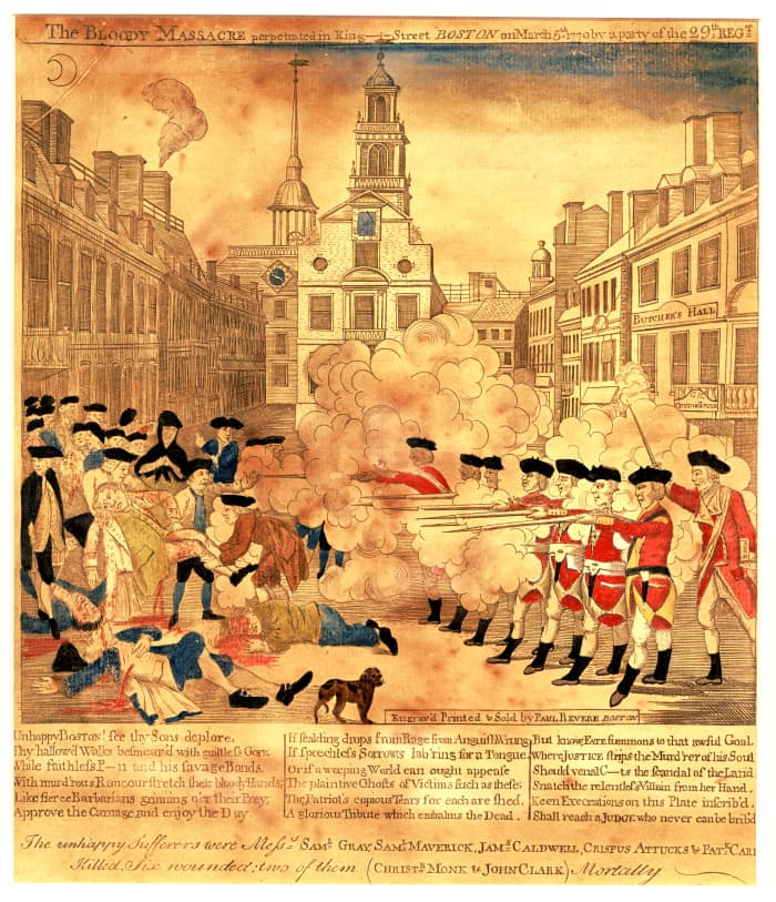 An engraving by Paul Revere titled "The Bloody Massacre Perpetrated in King Street Boston on March 5th, 1770."