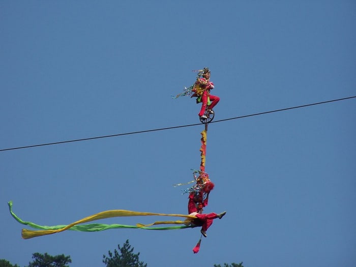 Photograph of High wire acrobats, without a net, Jade Screen Waterfall, Huang Shan, China (2004); Photograph by David Turner courtesy of Wikimedia Commons. The Photographer has released this work with some rights reserved (see license):https://creati
