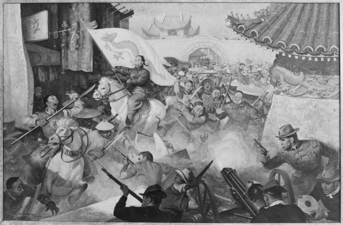 Copy of Painting: Marines fight rebellious Boxers outside Peking Legation (ca. 1900); Painting by unknown artist; property of U.S. Government courtesy of Wikimedia Commons. Work is in the public domain.