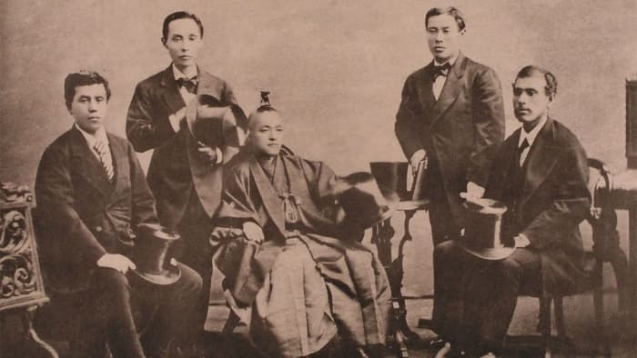 Courtesy of Nippon.com. In 1871, a seventeen years after Admiral Perry forced its borders to reopen, Japan sent 100 leaders and students, on a world tour to learn abroad Western ways and tech. The goal was to modernize while maintaining tradition.