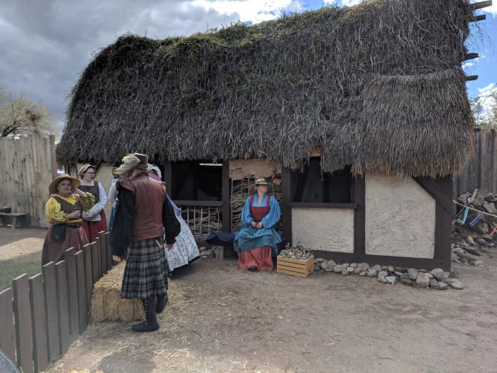 Replica of an 18th century rural peasant home in Scotland. Part of Exhibit Celtic Re-enactment Organization (CROFT) at 2019 Renaissance Festival in Apache Junction, AZ