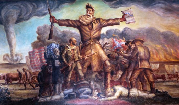The "Tragic Prelude" mural at the Kansas State Capitol building depicts John Brown in the prelude to the Civil War, during the bleeding Kansas unrest.