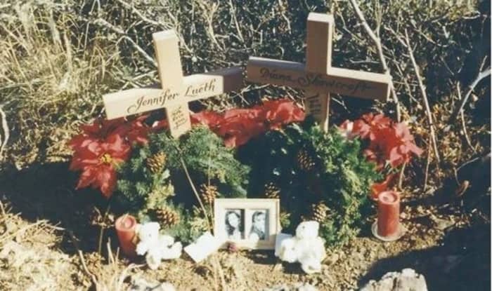 Families hold a memorial at the body dump site in Yavapai County, Arizona where Diana Shawcroft and Jennifer Lueth were found.