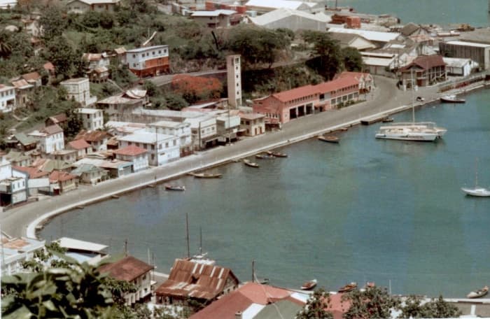 This is the Carenage on a quiet day in 1985—the main business section on the harbor, near where tourist ships were starting to dock again.