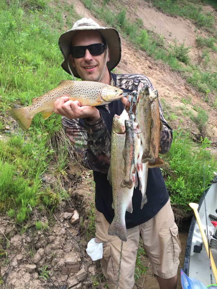 Justin, a reader I've stayed in contact with over the years, had an enormously successful day trout fishing up on the Manistee river. Just look at that piggy brown and rainbow trout!