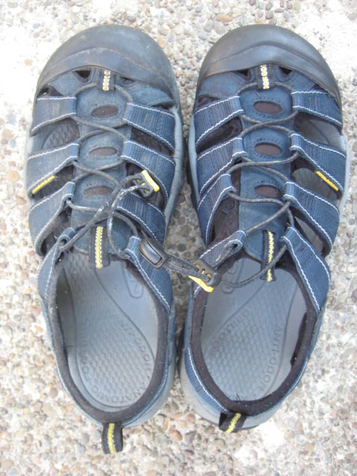 Before and After: The dirty sandal is to the left (with excess dirt removed) the clean Keen is to the right.