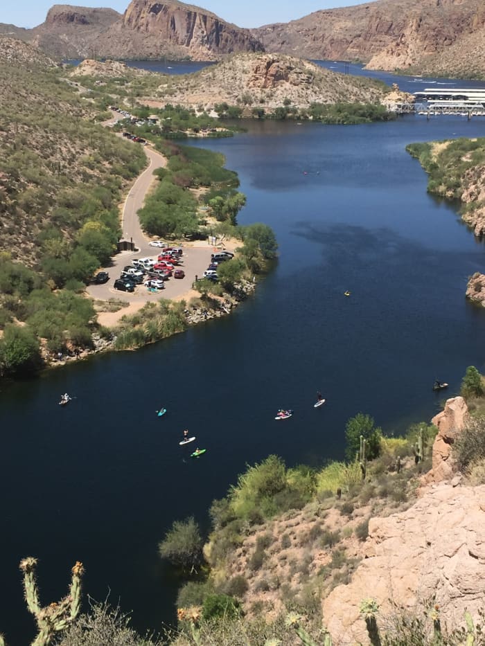 Kayaks in First Water Creek being paddled toward Canyon Lake (at top of picture)