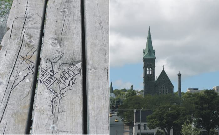 The view of St. Patrick's Church from a bench on the trail. Somebody was inspired enough by the view to make a pen sketch of the church on the bench seat.