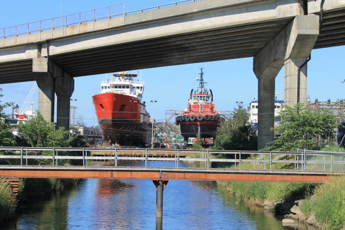 Looking east from the Helen Fogwill Porter footbridge at the St. John's Harbour Dry Dock.
