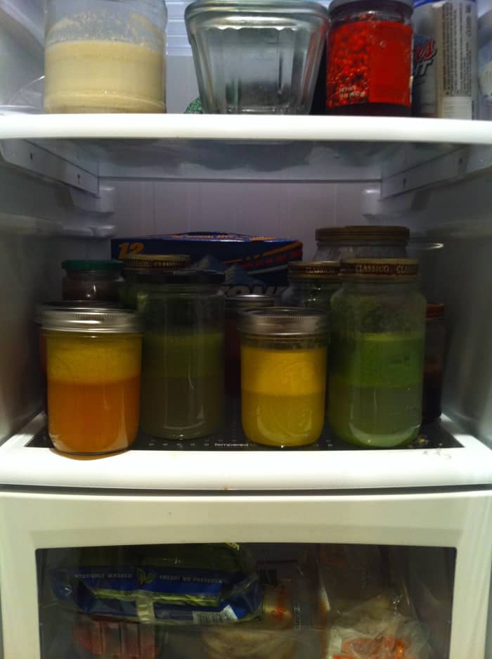 Juices naturally separate when you store them in the refrigerator. Shake them well before drinking, and try to drink a juice as soon as possible after it is made, as the vitamins and minerals will be strongest/most fresh immediately after juicing.