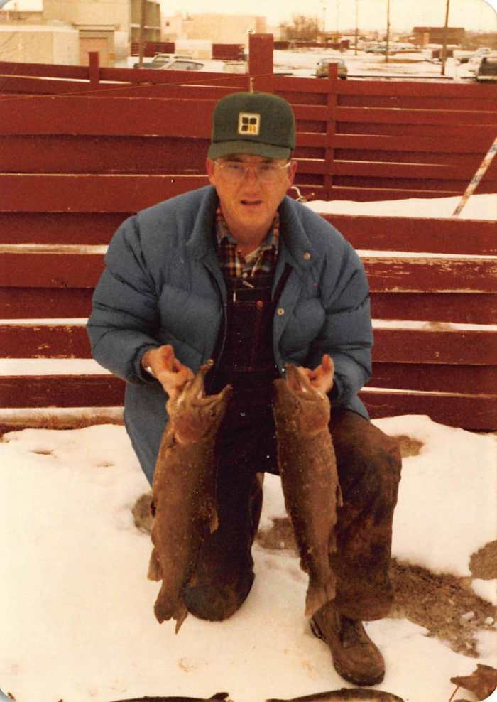 Dad circa 1978 with two monster trout he caught at a lake he called Unnamed 