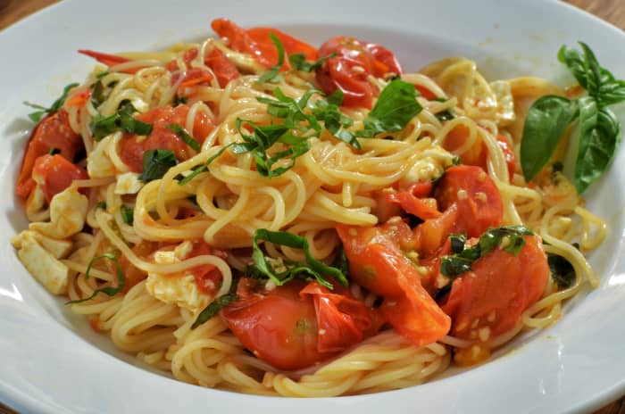Don't worry. You're not going to starve. You can find good stuff to eat like this dish of sauteed cherry tomatoes on angel hair pasta. Just watch the ingredients listings.