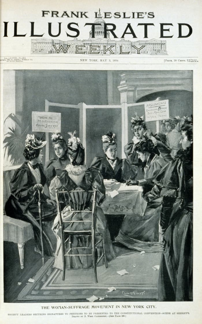 The woman-suffrage movement in New York City. Society leaders securing signatures to petitions to be presented to the constitutional convention - scene at Sherry's. May 3rd, 1894