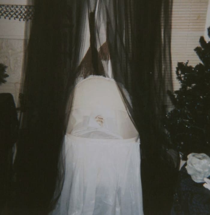 Haunted bassinet display. All with trashbags. Note we moved up to a full-sized Halloween tree by this year.
