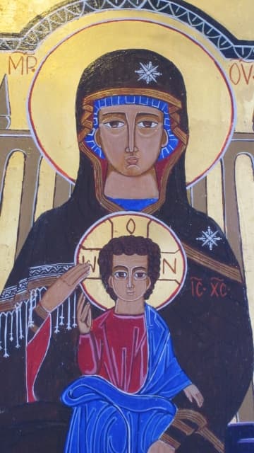This Byzantine Madonna and Child lithograph hangs in the narthex of Saint George's Episcopal Church in Washington, DC.