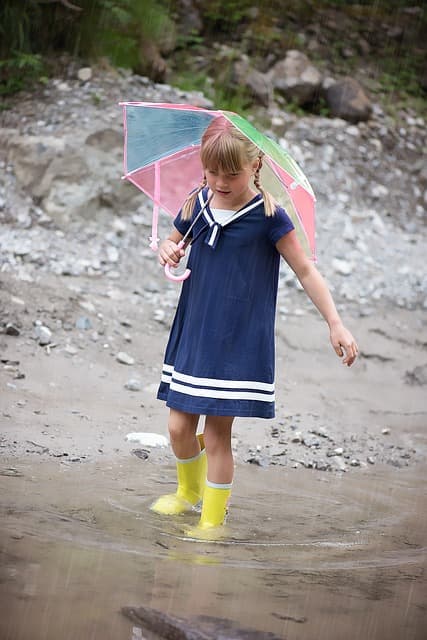 A young girl eagerly steps out with her umbrella and boots.