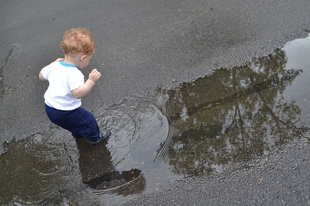 A toddler is amazed by the splash he creates in a puddle.
