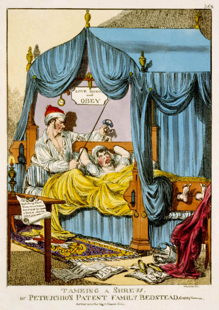 "Tameing a Shrew; or, Petruchio's Patent Family Bedstead, Gags & Thumscrews" - From Thomas Tegg's Caricature Magazine, Williams, 1815