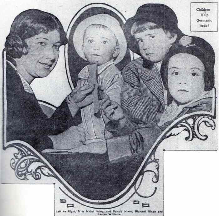 "Nixon (second from right) makes his newspaper debut in 1916, contributing five cents to a fund for war orphans. His brother Donald is to his right." Wikipedia