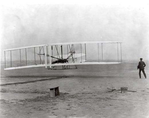 Wright Brothers and early airplane Source: By Attributed to Wilbur Wright (1867–1912) and/or Orville Wright (1871–1948). Orville Wright preset the camera and had John T. Daniels squeeze the rub