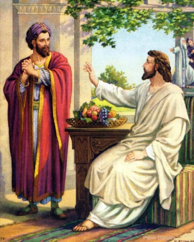 Jesus spent the day with Zacchaeus and friends teaching them. Zacchaeus then said,"I give half my possessions to the poor. If I have cheated anybody, I will pay back 4 times the amount." Luke 19:8