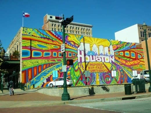 Photo of mural taken in downtown Houston on a weekend when there was not much traffic.