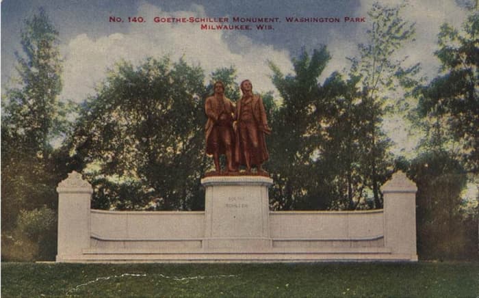 Copy of a color lithograph titled "No. 140 Goethe-Schiller Monument, Washington Park, Milwaukee, Wis.". 1914 postcard (M. L. Annenberg)