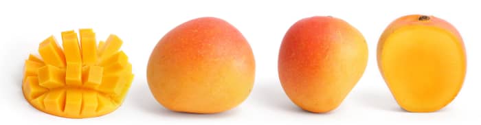 (From left to right) Popular porcupine method of eating a mango, some different shapes of mangoes, cross-section of a mango