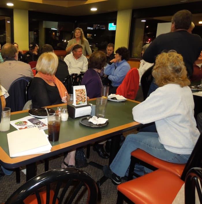 This is a political meeting at a local pizza parlor. I wanted to go because of the content of the meeting (and the pizza), but not much was demanded in the way of social interaction.