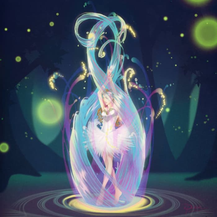 The colorful bird turned into a lovely lady surrounded by strange lights.
