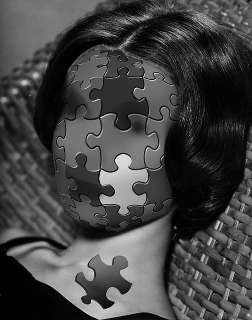 The haunting image of a woman's face is depicted by a puzzle with a missing piece, symbolic of the incompleteness she feels in her life.