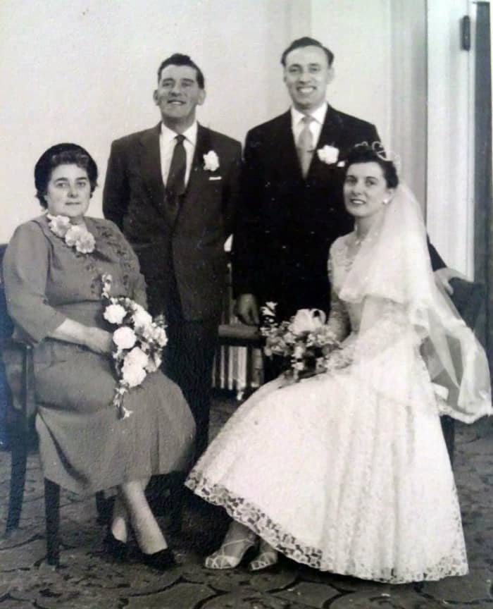 Mum and dad's wedding day: The happy couple are pictured with mum's parents, grandma Ivy and grandad Frank Trigg.