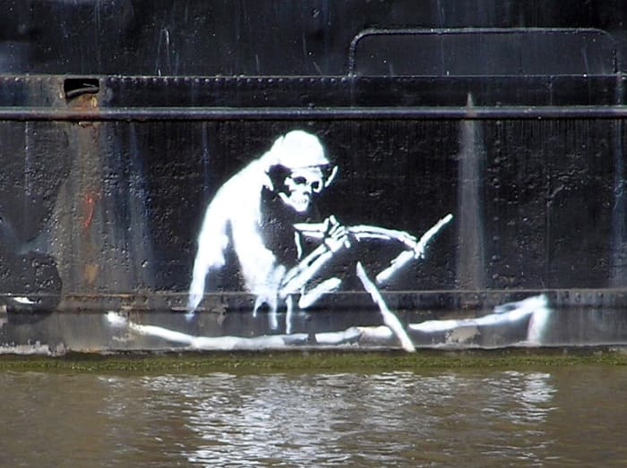 A Banksy stencil of the grim reaper on the side of the Thekla, an entertainment boat in Bristol