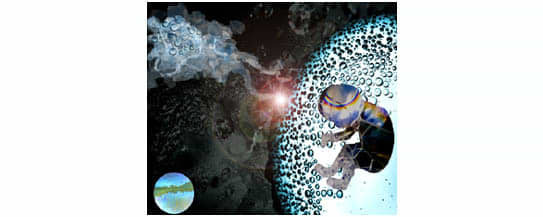 Fetus made of soap bubbles floating inside a blue water bubble in space with ghostly images in space behind it.